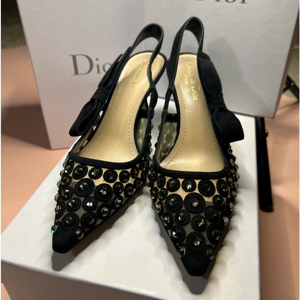 Brand New Dior J’adior black suede mesh crystal slingback heels size 39